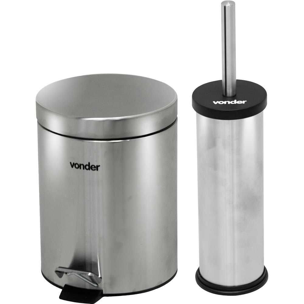 Lixeira redonda 5 litros inox cinza com escova sanitária VONDER