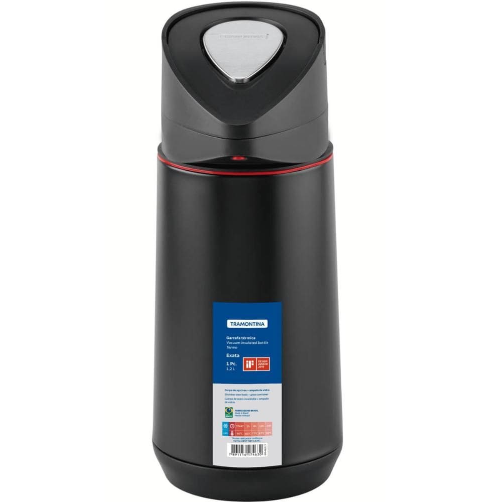 Garrafa Térmica Tramontina Exata Aço Inox Preto 1,2L para Água Café Chá com Ampola de Vidro