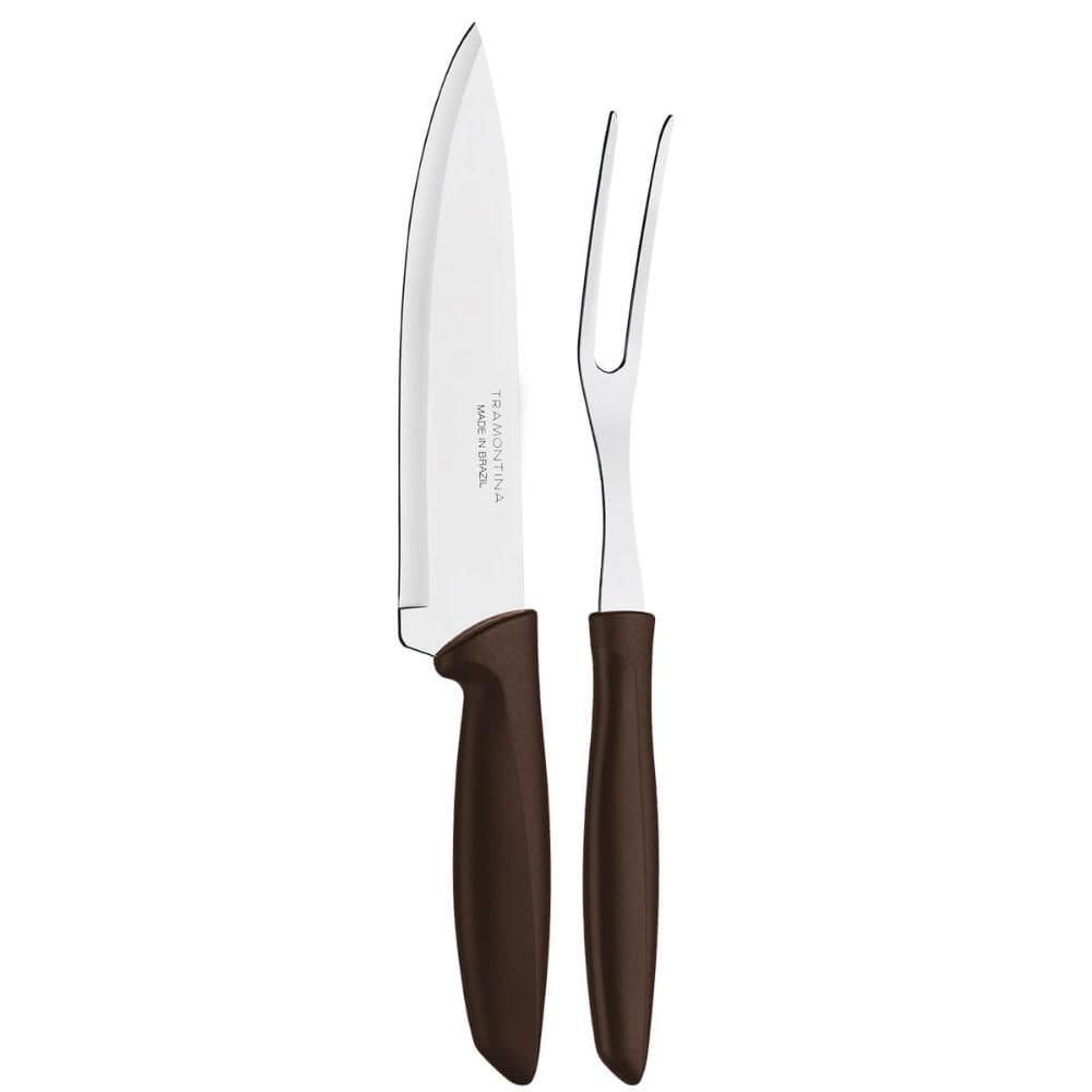 Jogo Faca Churrasco 7` e Garfo Trinchante Tramontina Plenus Aço Inox Cabo Marrom