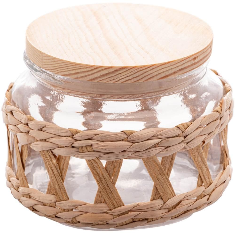 Pote Hermético de Vidro Tampa Madeira e Sisal 350ml Redondo