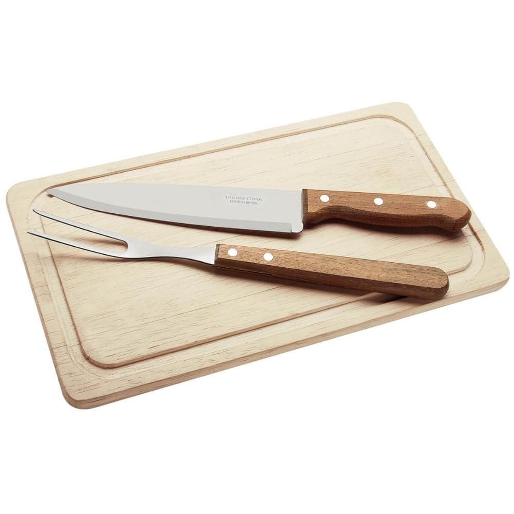 Kit Churrasco Tramontina Faca Chef 8` Garfo Trinchante Tábua
