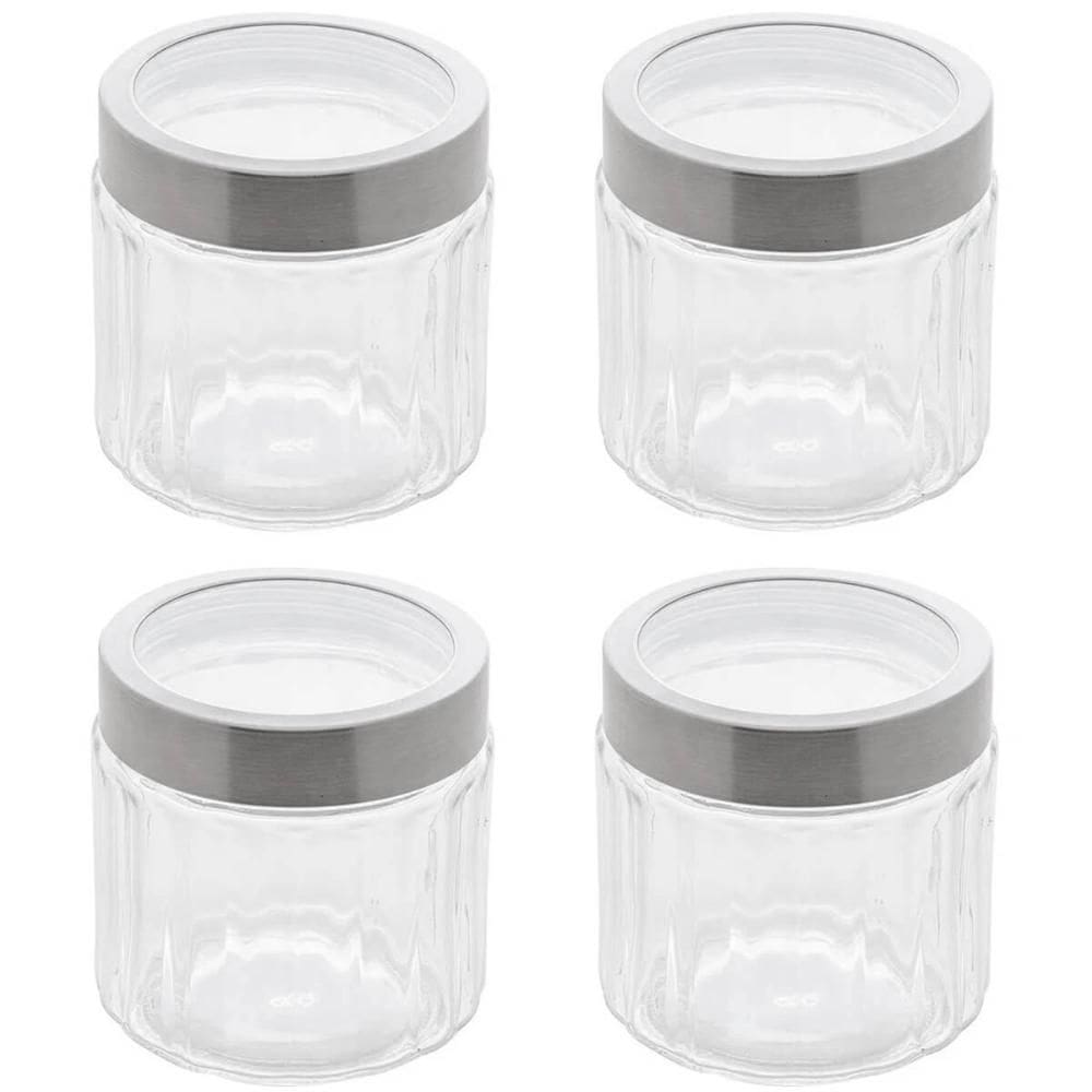 Jogo 4 Potes Redondos de Vidro com Tampas em Aço Inox 870ml
