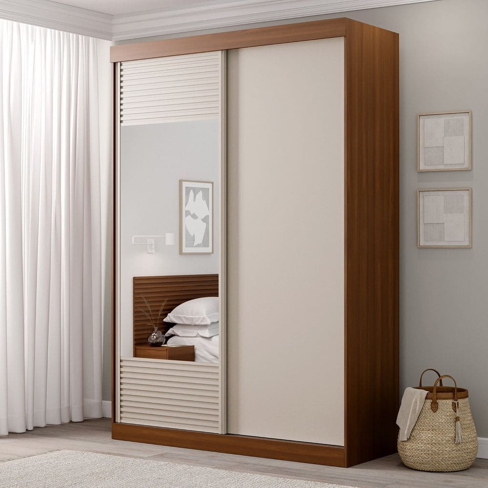 Guarda-roupa Solteiro 2 Portas 1 Porta com Espelho Samambaia Cabecasa Madeiramadeira Freijó/Off White