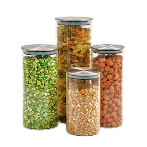 Kit 4 potes de vidro com tampa inox hermético redondo - Tud