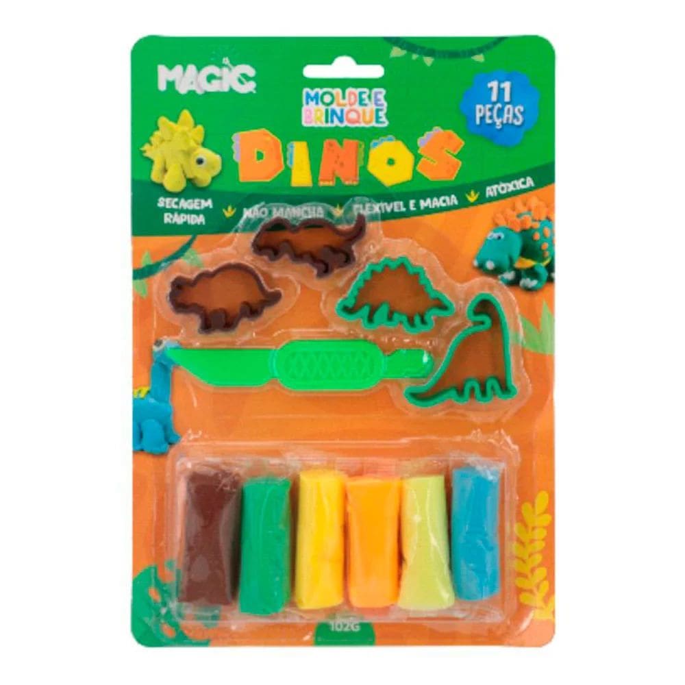 Kit de Massa de Modelar Dinos Magic Kids Molde e Brinque 11 Peças