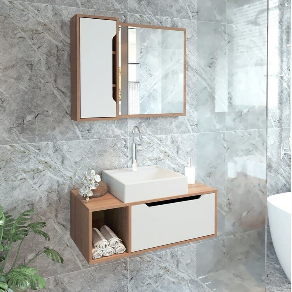 Conjunto de Banheiro com Gabinete Suspenso 1 Porta e Espelheira Amêndoa/Branco