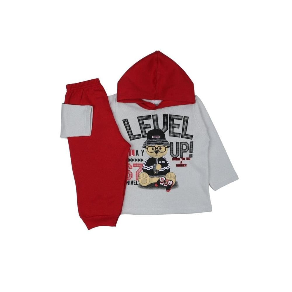 Conjunto Moletom Cinza e Vermelho Bebê Menino Urso Inverno Frio