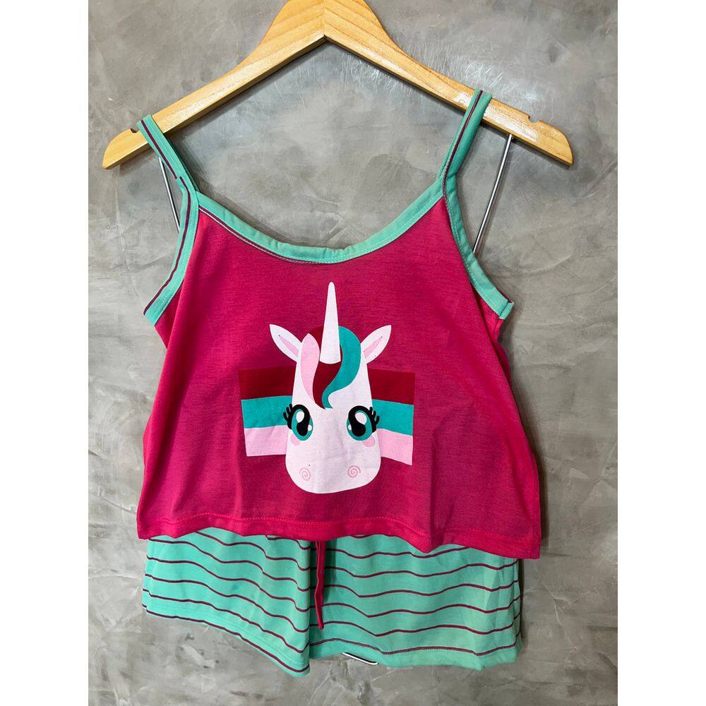 Pijama Verão alça Estampado em únicornio em algodão, short com  amaração