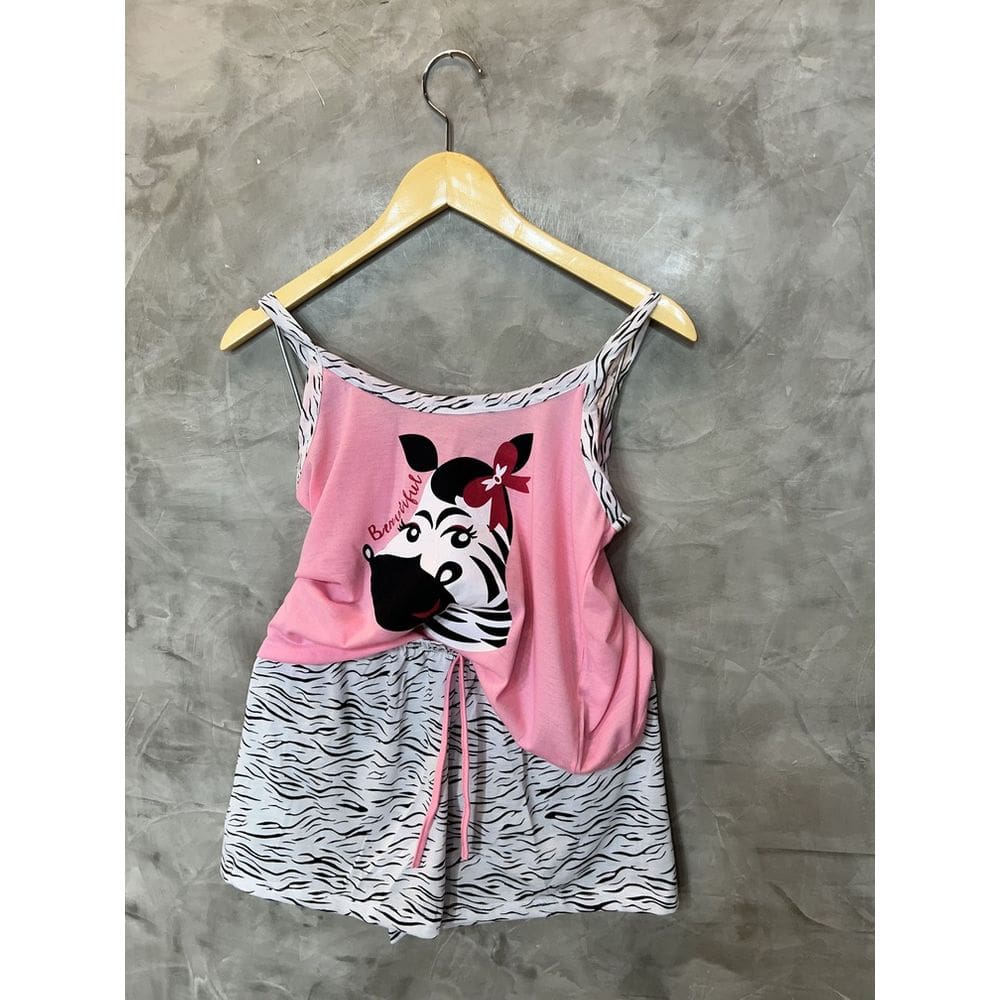 Pijama Verão alça Estampado em Zebra em algodão, short com  amaração