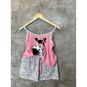 Pijama Verão alça Estampado em Zebra em algodão, short com  amaração