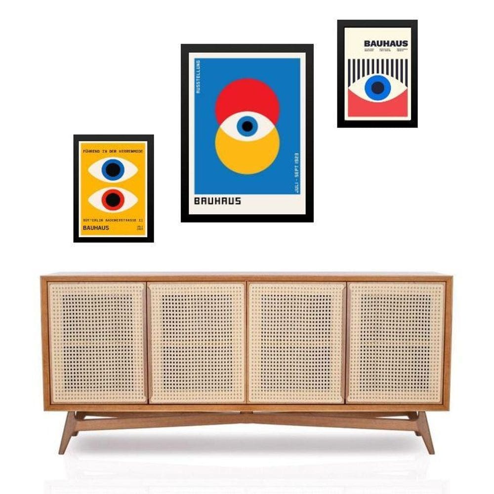 Set 3 Quadros Arte Colorida Bauhaus Olhos - Com Vidro