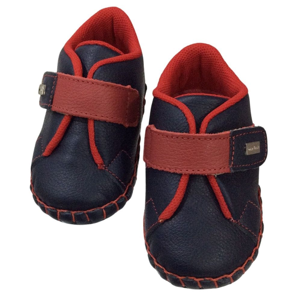 Sapato infantil masc de Couro Doce bebê marinho com vermelho
