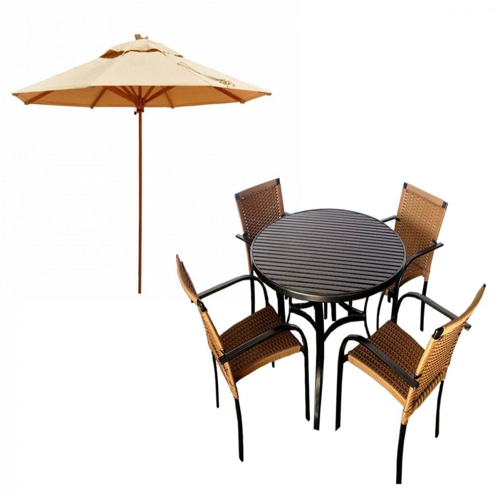 Kit 4 Cadeiras e Mesa com Tampo Ripado em Alumínio e Ombrelone para Piscina, Jardim, Edícula, Área - Trama