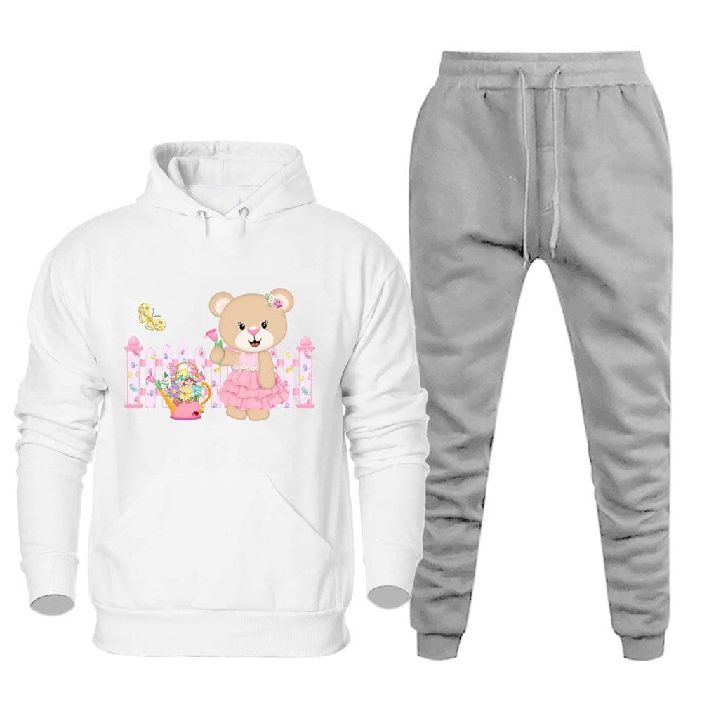 Conjunto Moletom Estampado Casaco de Frio Com Capuz Ajustavel e Calça Lisa Bolso Lateral Macia