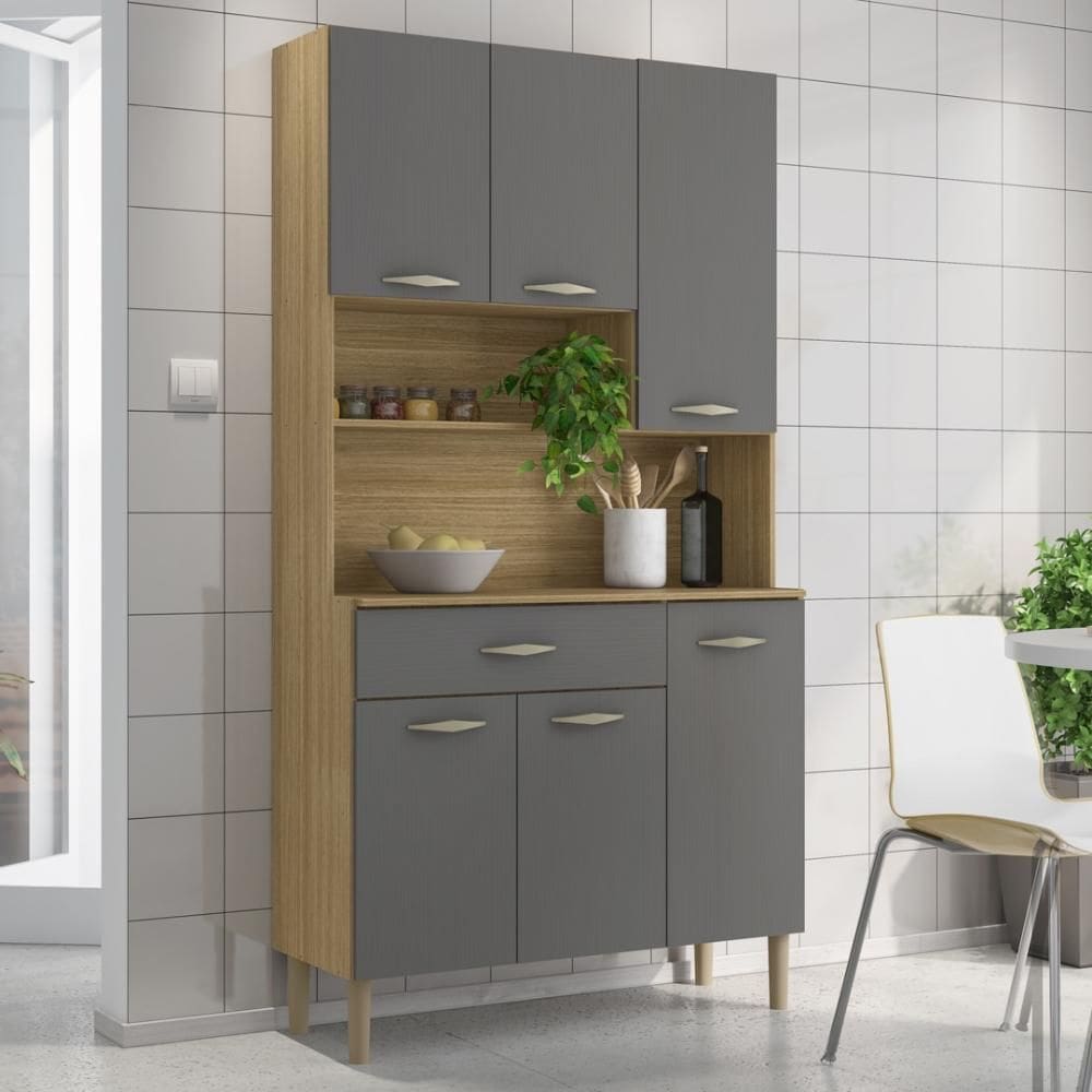 Armário de Cozinha Compacta 6 Portas 1 Gaveta Apolo - Freijó/Gris