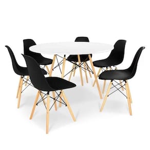 Conjunto de Mesa de Jantar Eames Eiffel Redonda 120cm Tampo de Madeira Branco com 6 Cadeiras Pretas