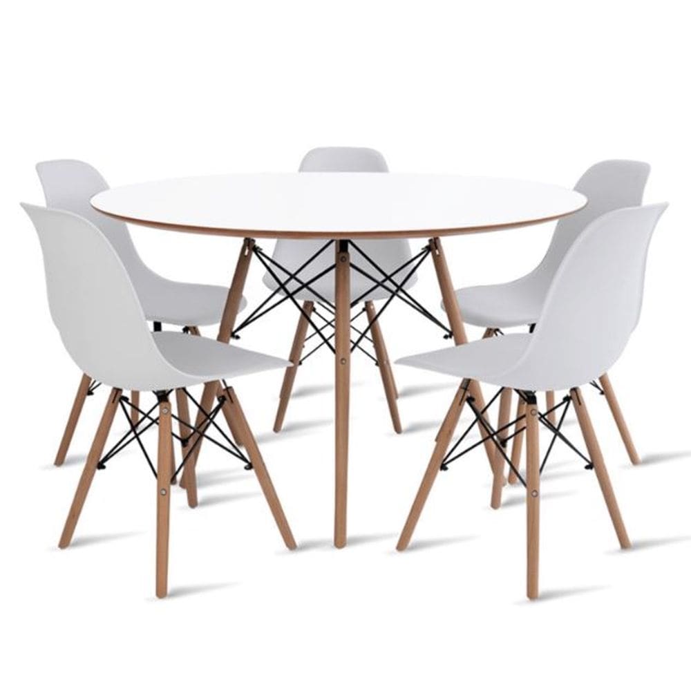 Conjunto de Mesa de Jantar Eames Eiffel Redonda 120cm Tampo de Madeira Branco com 5 Cadeiras Brancas