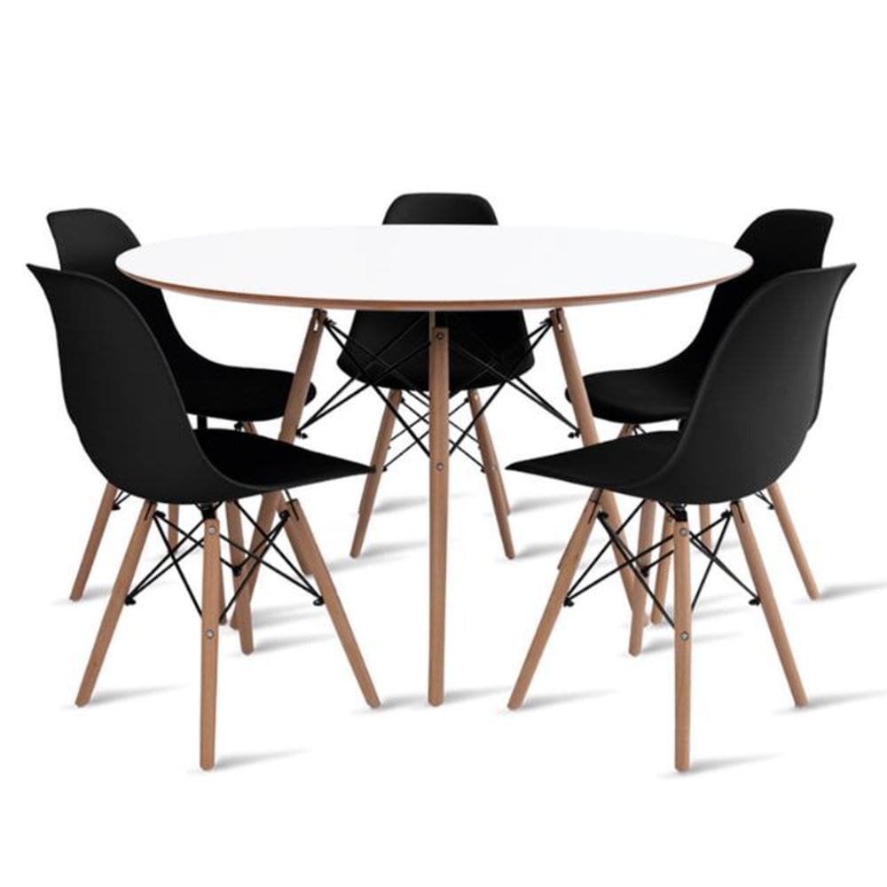 Conjunto de Mesa de Jantar Eames Eiffel Redonda 110cm Tampo de Madeira Branco com 5 Cadeiras Pretas