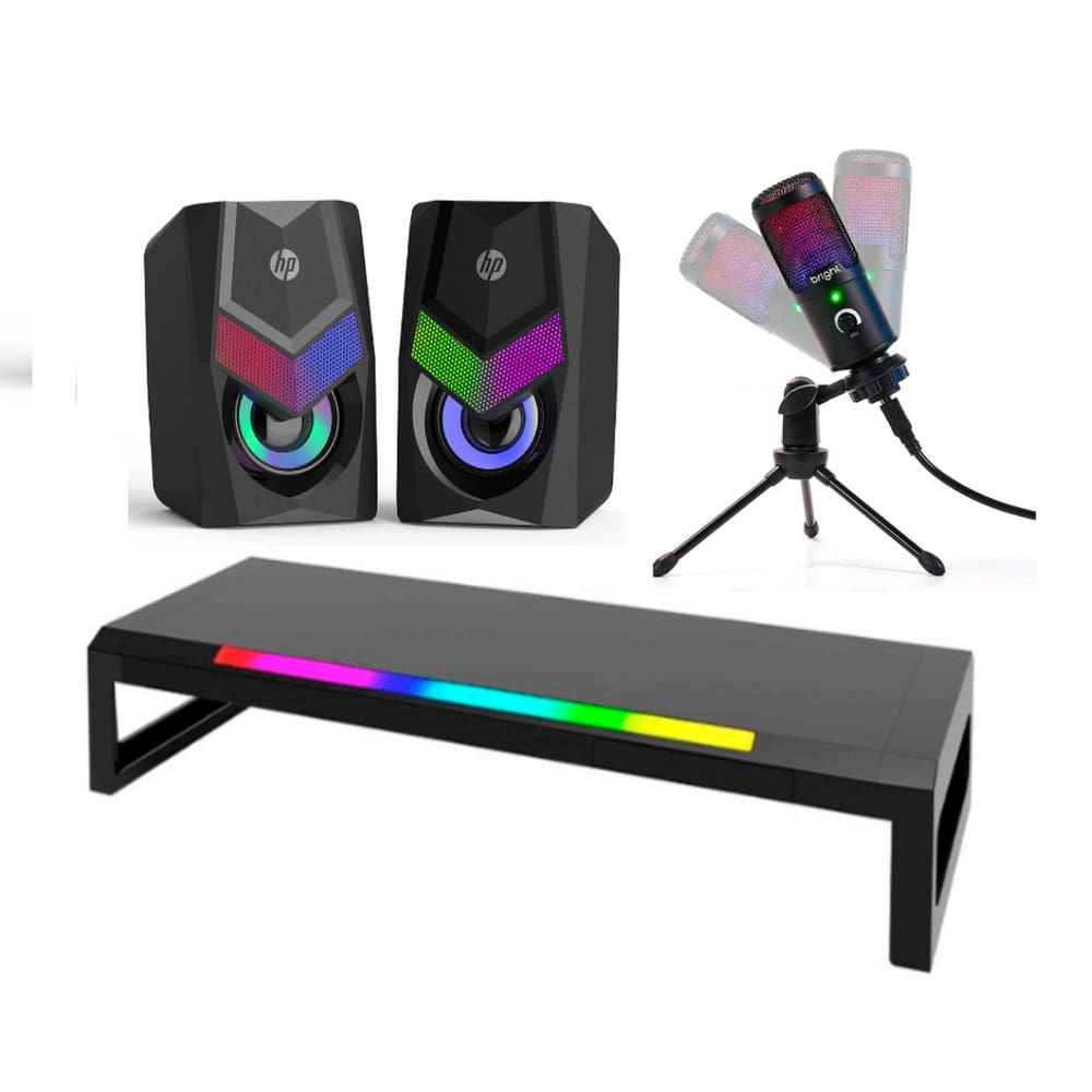 Kit Gamer Suporte Iluminado para Monitor, Microfone Streamer de Mesa E Cxa Som Estéreo Dhe-6000 Rgb, 6w