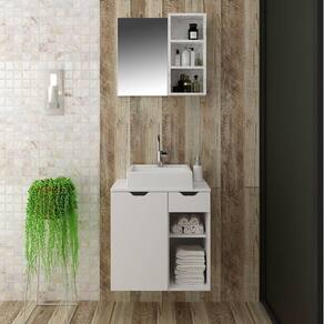 Conjunto de Banheiro com Gabinete Suspenso 60cm e Espelheira 3 Nichos Mármore/Branco