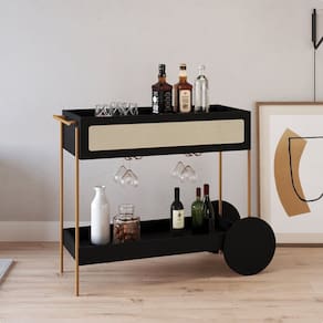 Carrinho Bar 1 Gaveta 110cm com Porta Taças Palhinha Pé Metal Oslo Nero/Dourado