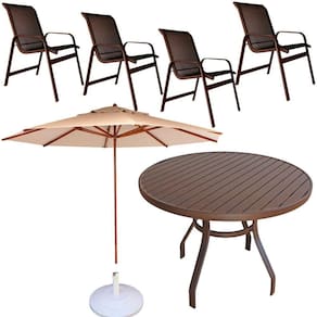 Conjunto Lótus Com Mesa 80cm Ripada + 4 Poltronas + Ombrelone 2,40m Com Base Marrom