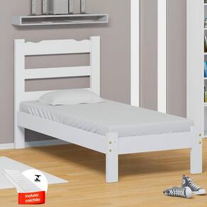 Cama De Solteiro De Madeira Branco Com Colchão Esmeralda Nemargi