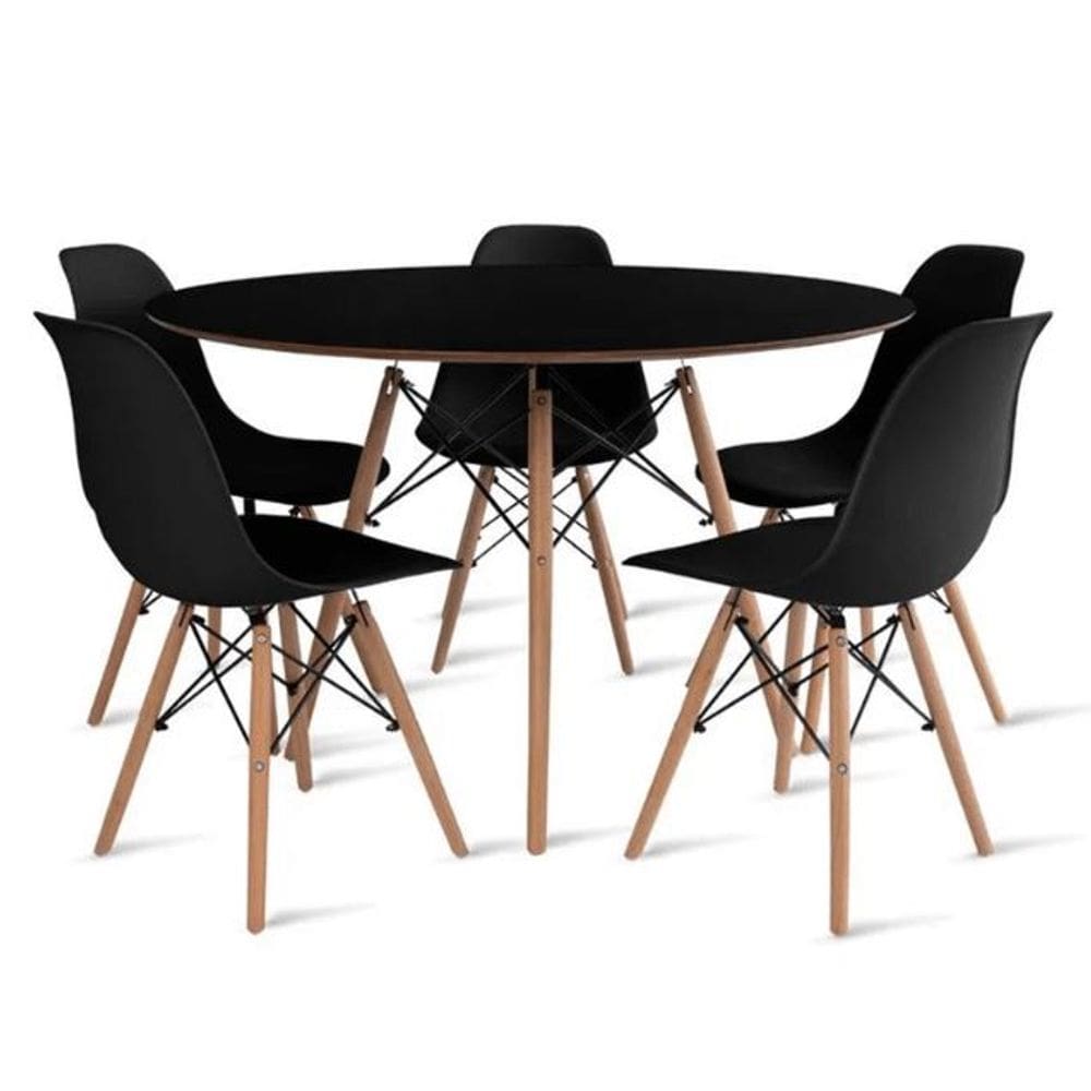 Conjunto de Mesa de Jantar Eames Eiffel Redonda 110cm Tampo de Madeira Preto com 5 Cadeiras Pretas