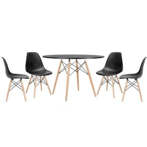 Conjunto De Mesa De Jantar Eames Eiffel Redonda 110Cm Tampo De Madeira Preto Com 4 Cadeiras Pretas