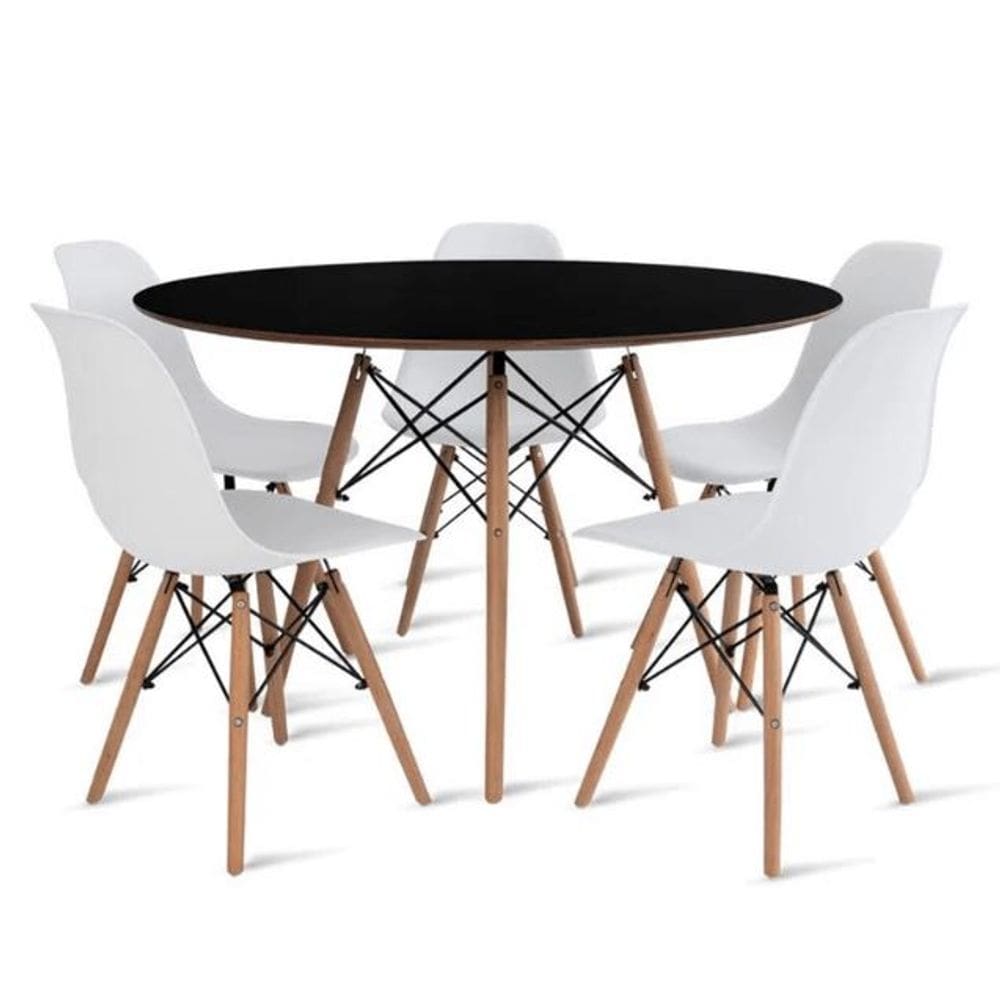 Conjunto de Mesa de Jantar Eames Eiffel Redonda 110cm Tampo de Madeira Preto com 5 Cadeiras Brancas