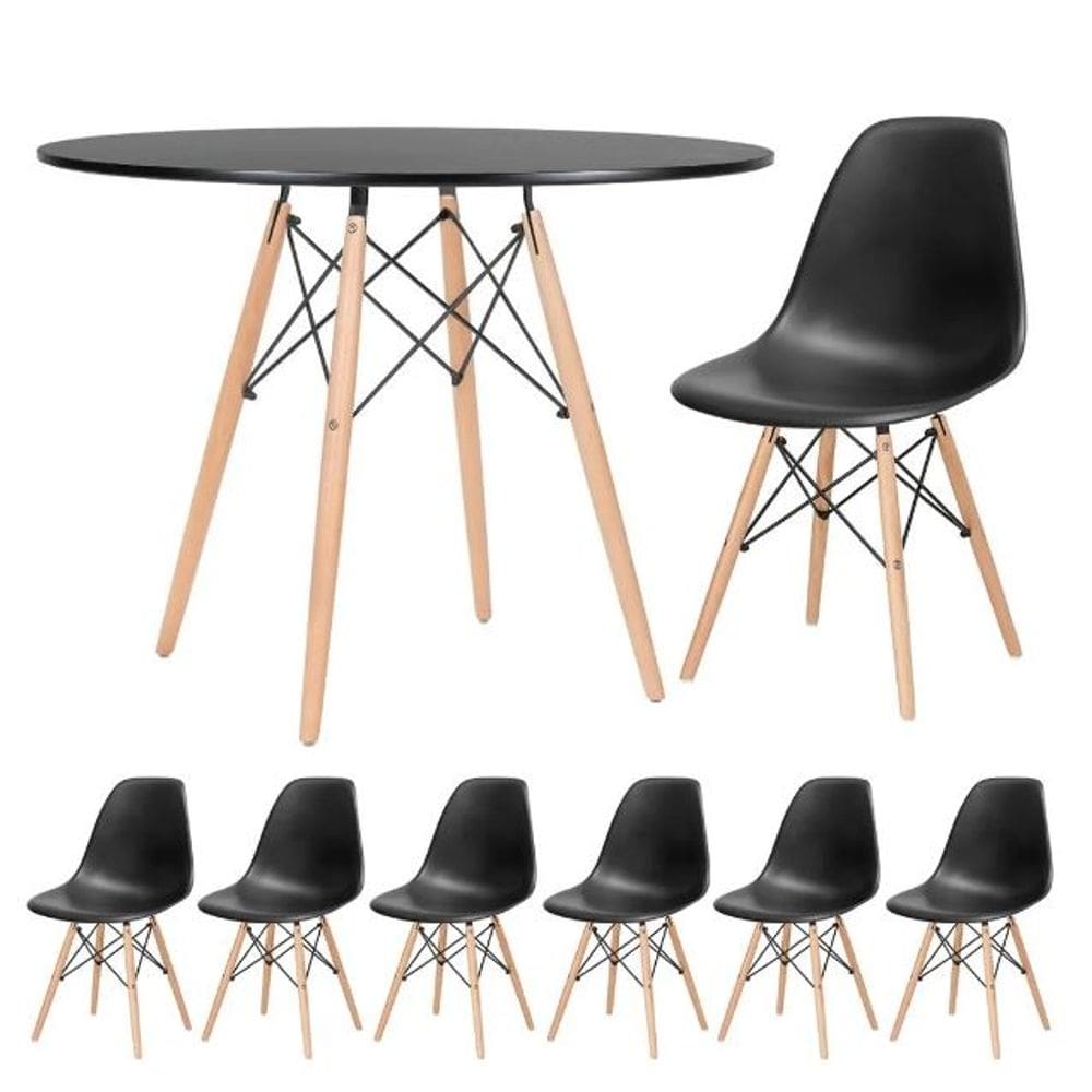 Conjunto de Mesa de Jantar Eames Eiffel Redonda 110cm Tampo de Madeira Preto com 6 Cadeiras Pretas