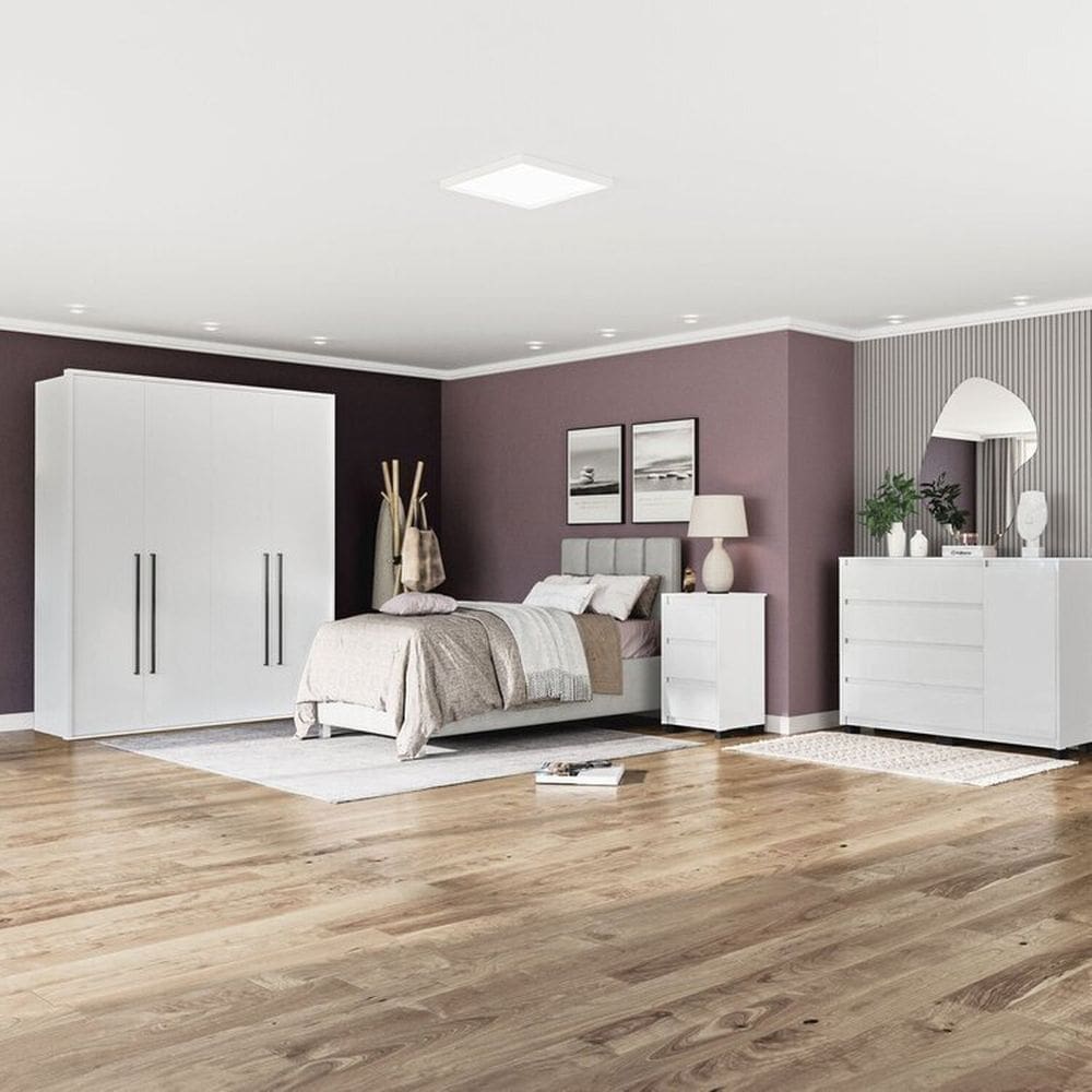 Quarto Guarda-Roupa 4 Portas Cômoda 4 Gavetas 1 Porta Mesa de Cabeceira 3 Gavetas Branco