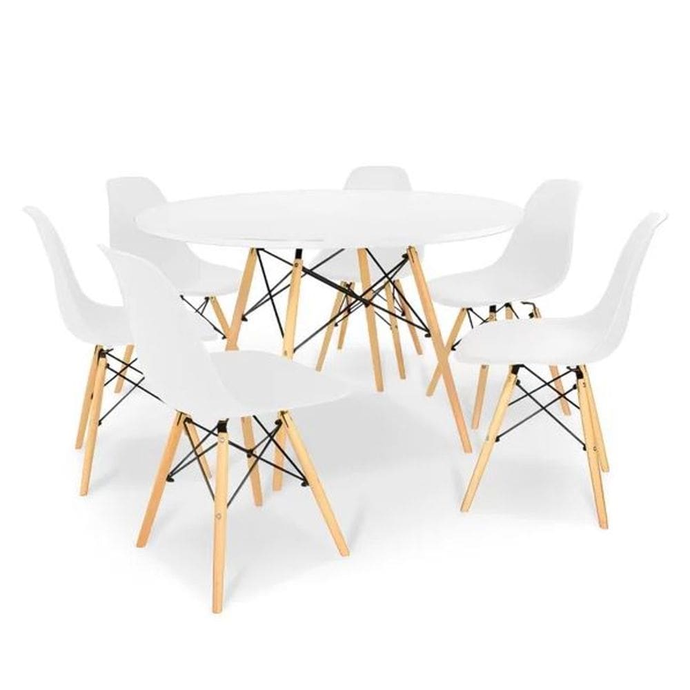 Conjunto de Mesa de Jantar Eames Eiffel Redonda 100cm Tampo de Madeira Branco com 6 Cadeiras Brancas