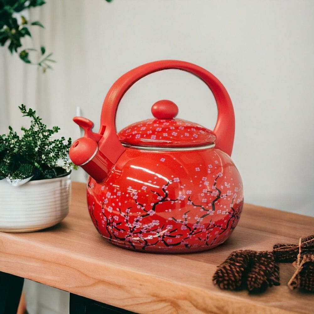Chaleira Esmaltada Vintage 2,2L com Apito à Indução Vermelha