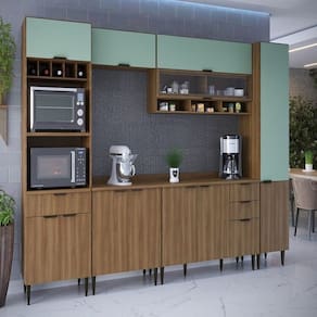 Cozinha Compacta 6 Peças 12 Portas 4 Gavetas Paris Nogal Manchester/ Verde Matte
