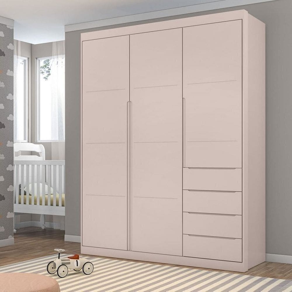 Conjunto Quarto Infantil com Guarda-roupa 3 Portas 4 Gavetas e Cômoda Pérola Rosa