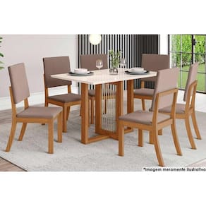 Sala de Jantar Completa Natalí c/ Tampo Madeirado c/ Vidro Reto 160x80cm e 6 Cadeiras Milla Nature/Veludo Light Marrom Amêndoa - Henn