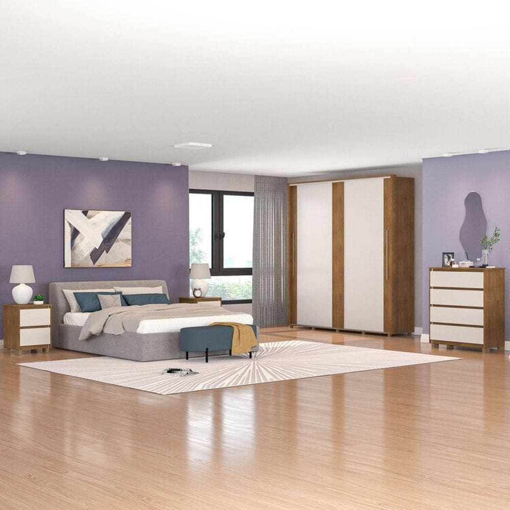 Quarto Guarda Roupas 2 Portas Cômoda 4 Gavetas 2 Mesas de Cabeceira 2 Gavetas Freijó / Off White