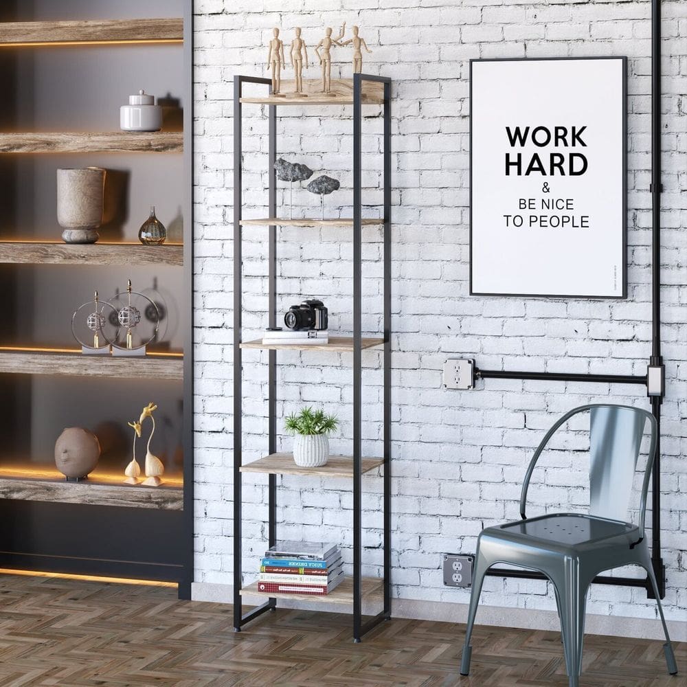 Estante para Livros Industrial Multiuso 5 Prateleiras 187x45cm Dynamica Yescasa Carvalho / Preto