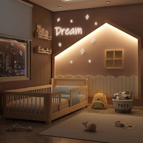 Cama Montessoriana Wave Solteiro com Moldura Infantil Casinha com Led Dream Decor Casatema Branco/Natural