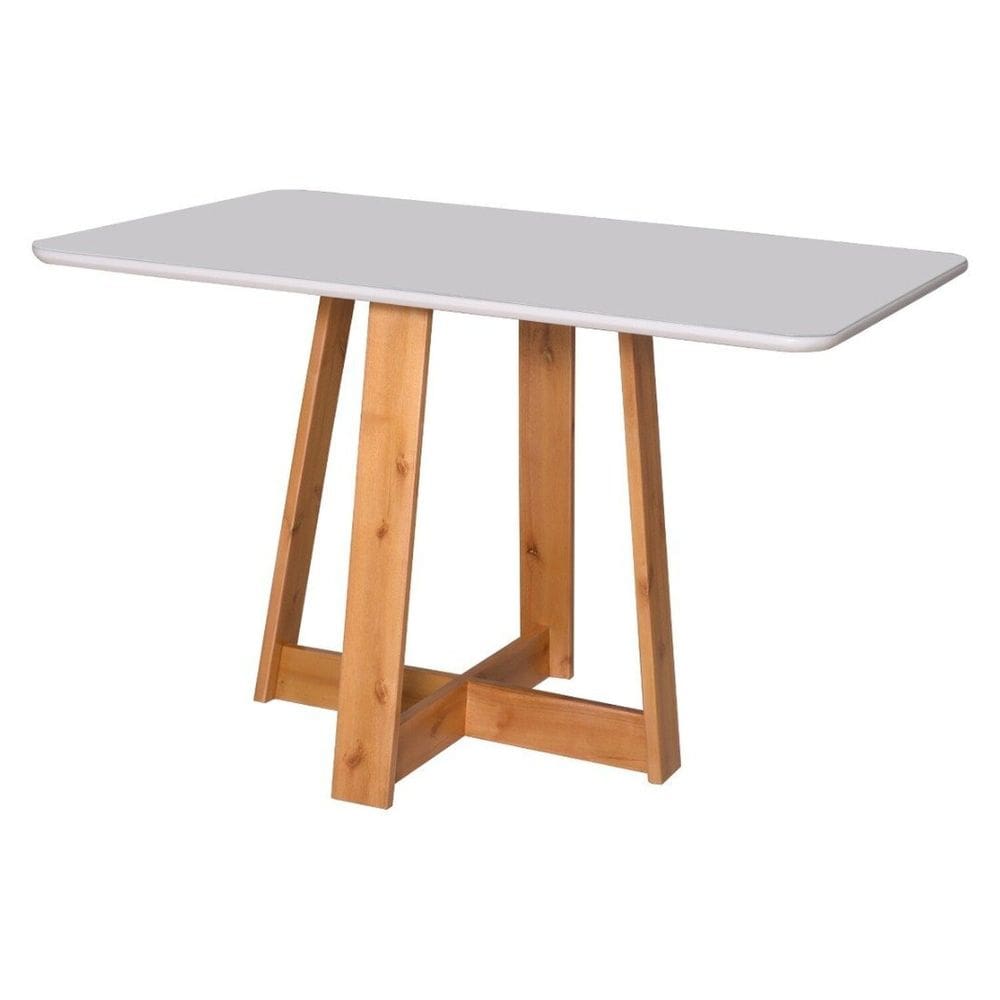 Mesa de Jantar Ibiza 135x90cm Pés em Madeira Maciça Tampo Laqueado com Vidro Branco/Mel