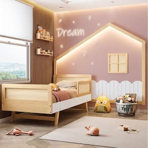 Cama Montessoriana Lift Solteiro com 1 Grade e Moldura Infantil Casinha com Led Dream Decor Casatema Branco/Natural