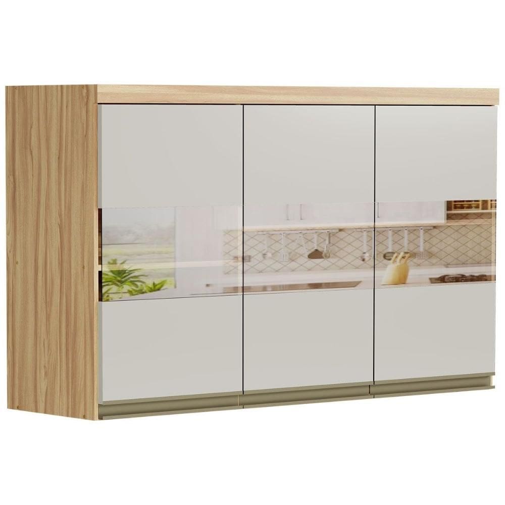 Armário Aéreo p/ Cozinha Chardonnay 3 Portas c/ Vidro Reflecta120cm Amendoa/Off White - Ronipa