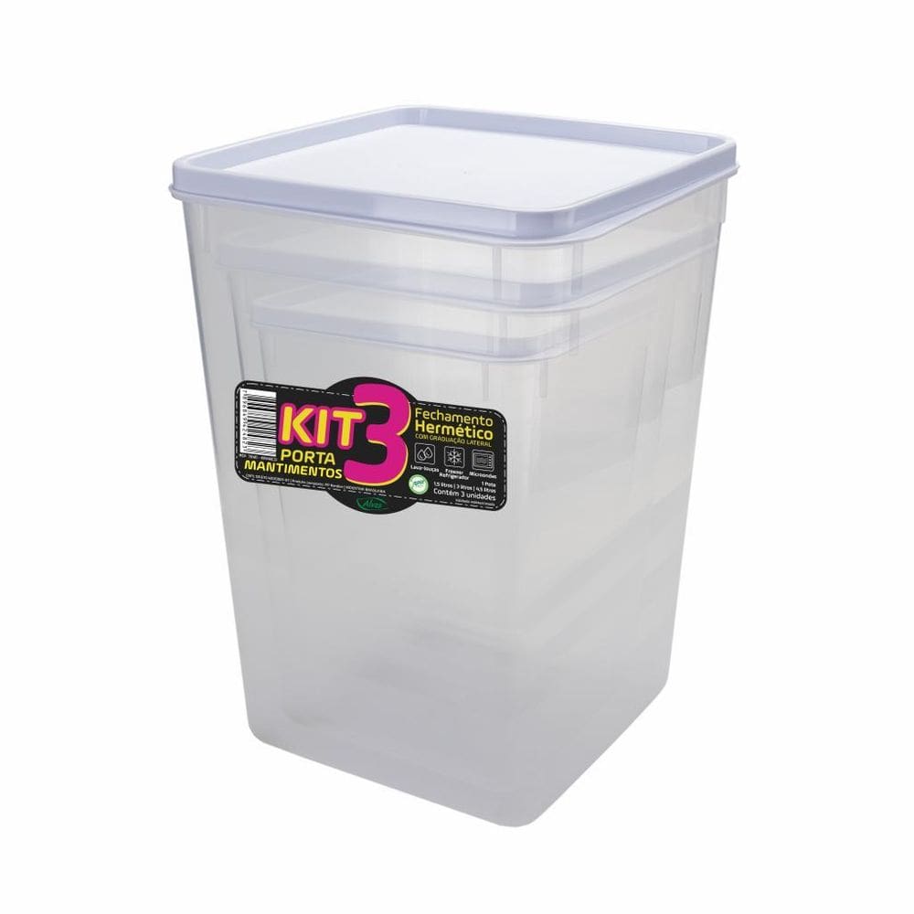 Kit Porta Arroz Café Acúcar 3 Pç Hermético 1,5, 3 E 4,5L Bco