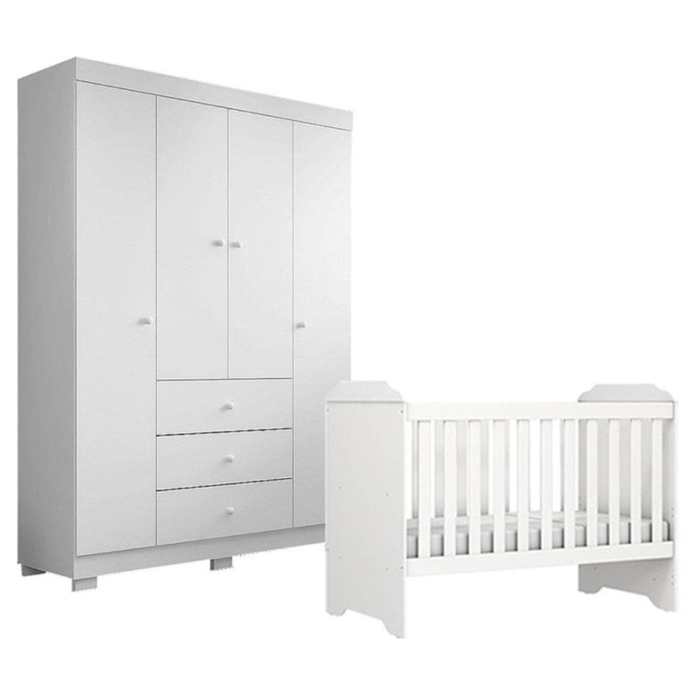 Berço Americano Mini Cama Mel com Guarda Roupa Duda 4 Portas Branco Brilho - Phoenix Baby