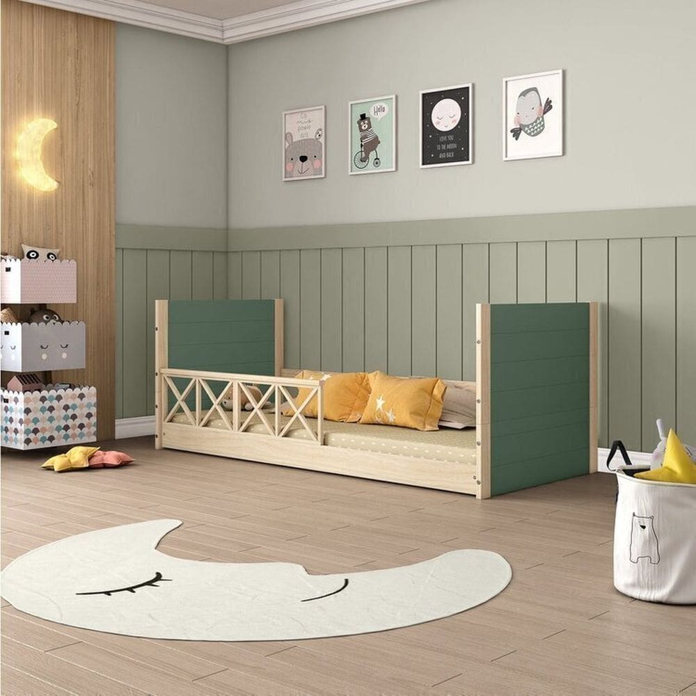 Cama Infantil Montessoriana Garden com Grade Dupla Casatema Verde/Natural