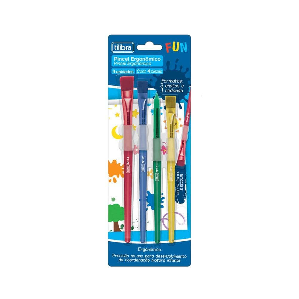 Pincel Ergonômico  Colorido Diferentes Formatos Fun Blister Com 4 Unidades Tilibra