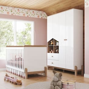 Conjunto Quarto De Bebê Berço 2 Em 1 E Guarda-Roupa Yuri Branco/Jequitibá