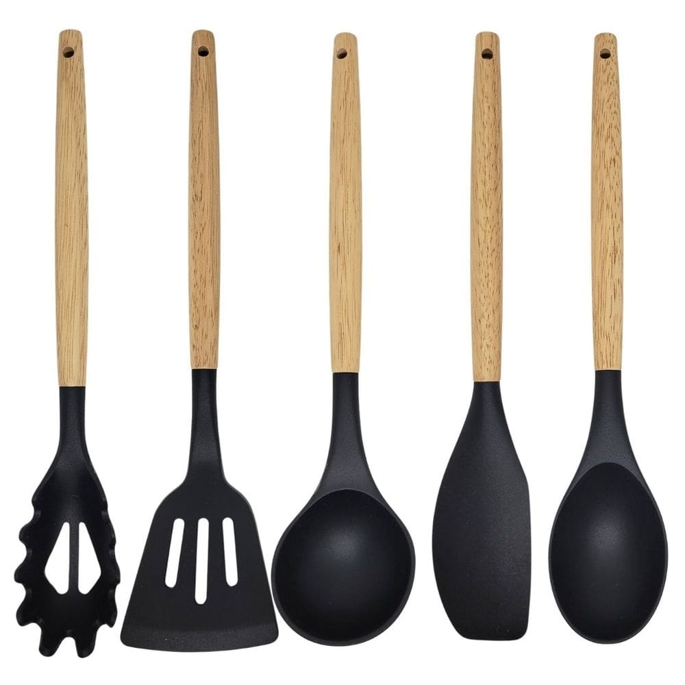 Jogo 6 Utensílios Cozinha Silicone Preto Cabo Madeira Prime 30cm - Monaliza
