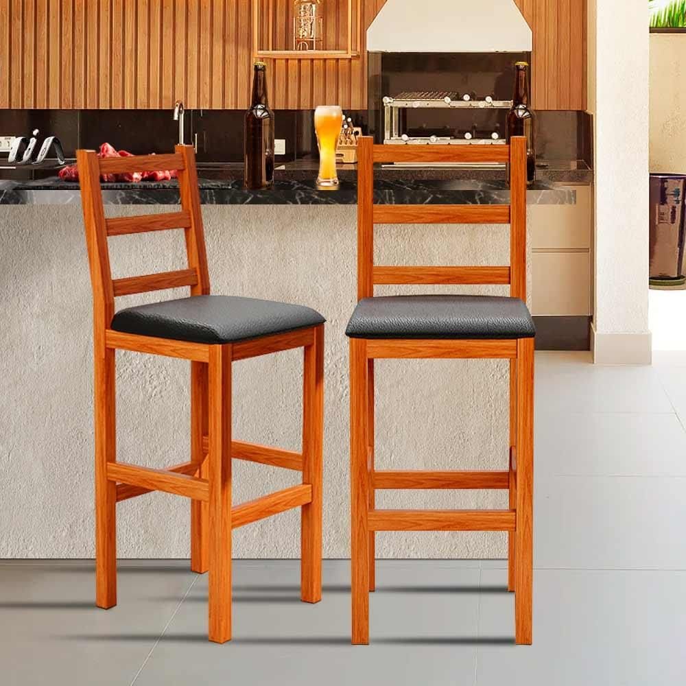 Kit 2 Banquetas Para Área De Churrasco Madeira Maciça Assento Estofado Preto Gal Shop JM